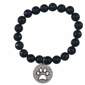Blue Sandstone Stretch Beaded Bracelet with CZ Paw Print Charm
